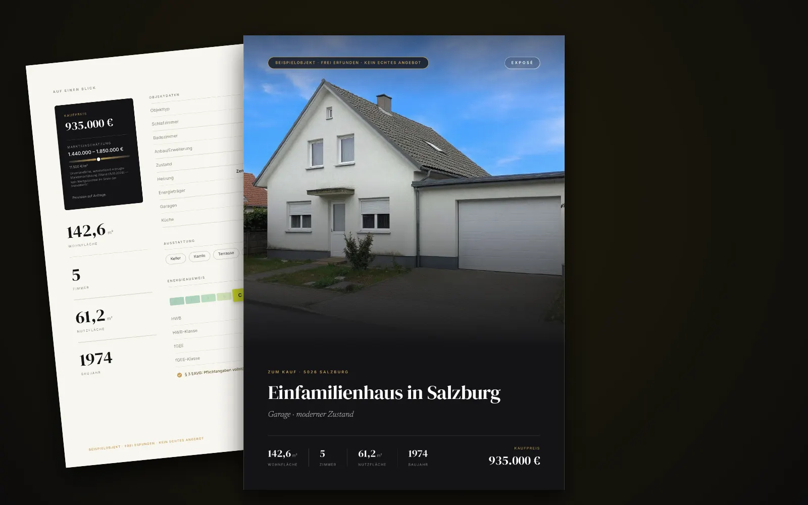 Exposé des Beispielobjekts in Salzburg: Titelseite mit Foto, Titel und Kaufpreis, dahinter zwei weitere Seiten